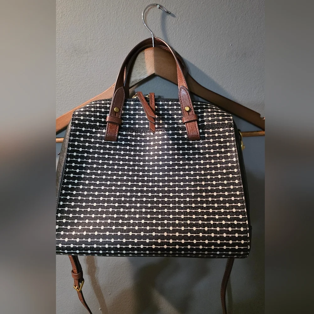 Fossil Rachel Satchel Handbag Crossbody Black/White Gold Accents OS